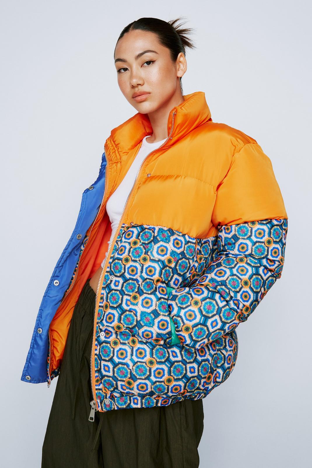 Orange Colour Block Tile Print Padded Jacket image number 1