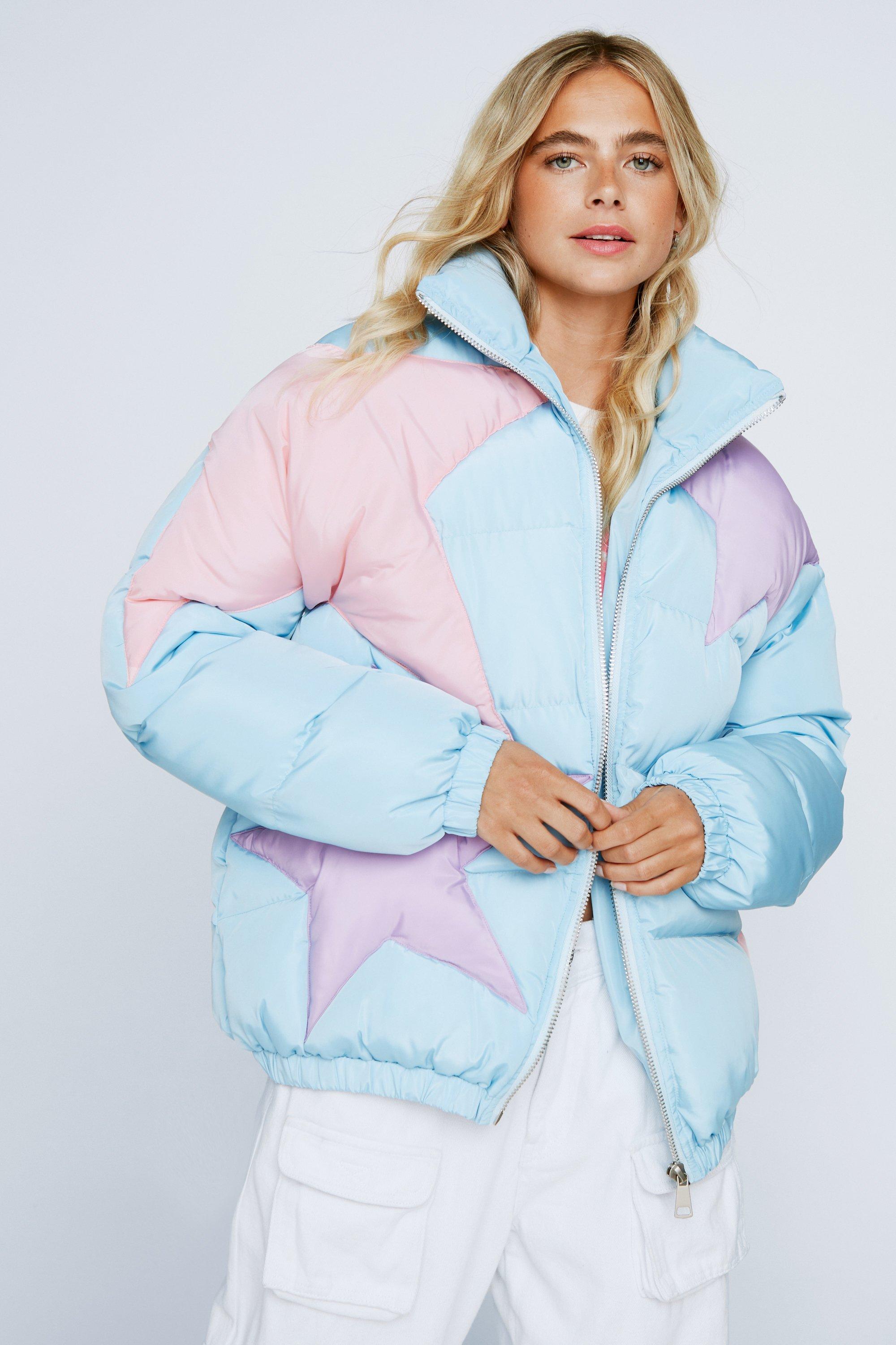 blue and pink puffer jacket