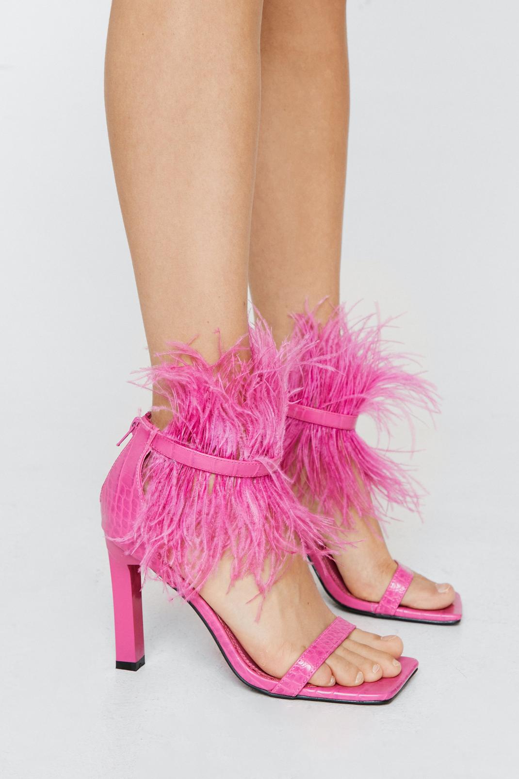 Hot pink Faux Croc Feather Trim Heels image number 1