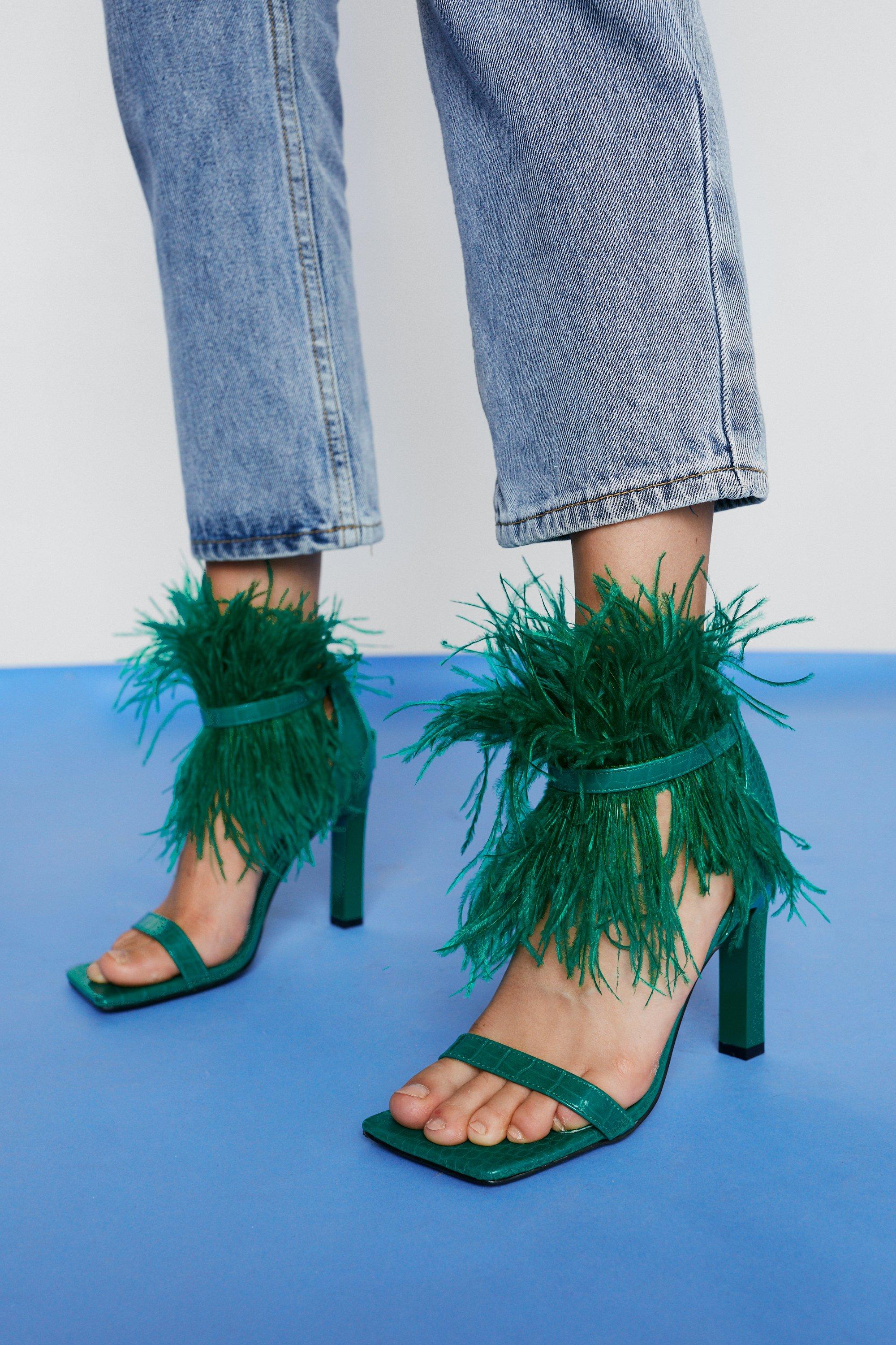 Feather Trim Croc Square Toe Heels | Nasty Gal