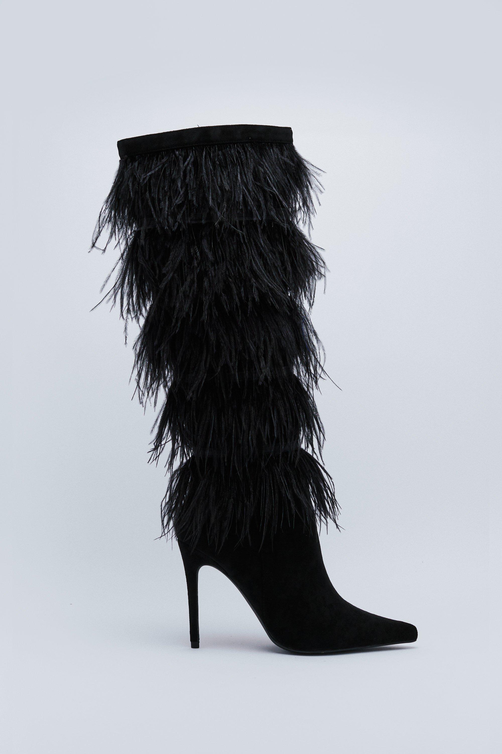 Knee High Feather Trim Boots