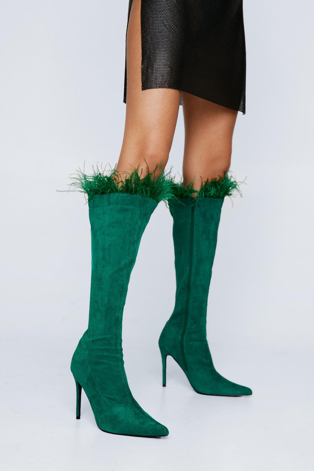 Green Faux Leather Feather Trim Knee High Boots image number 1