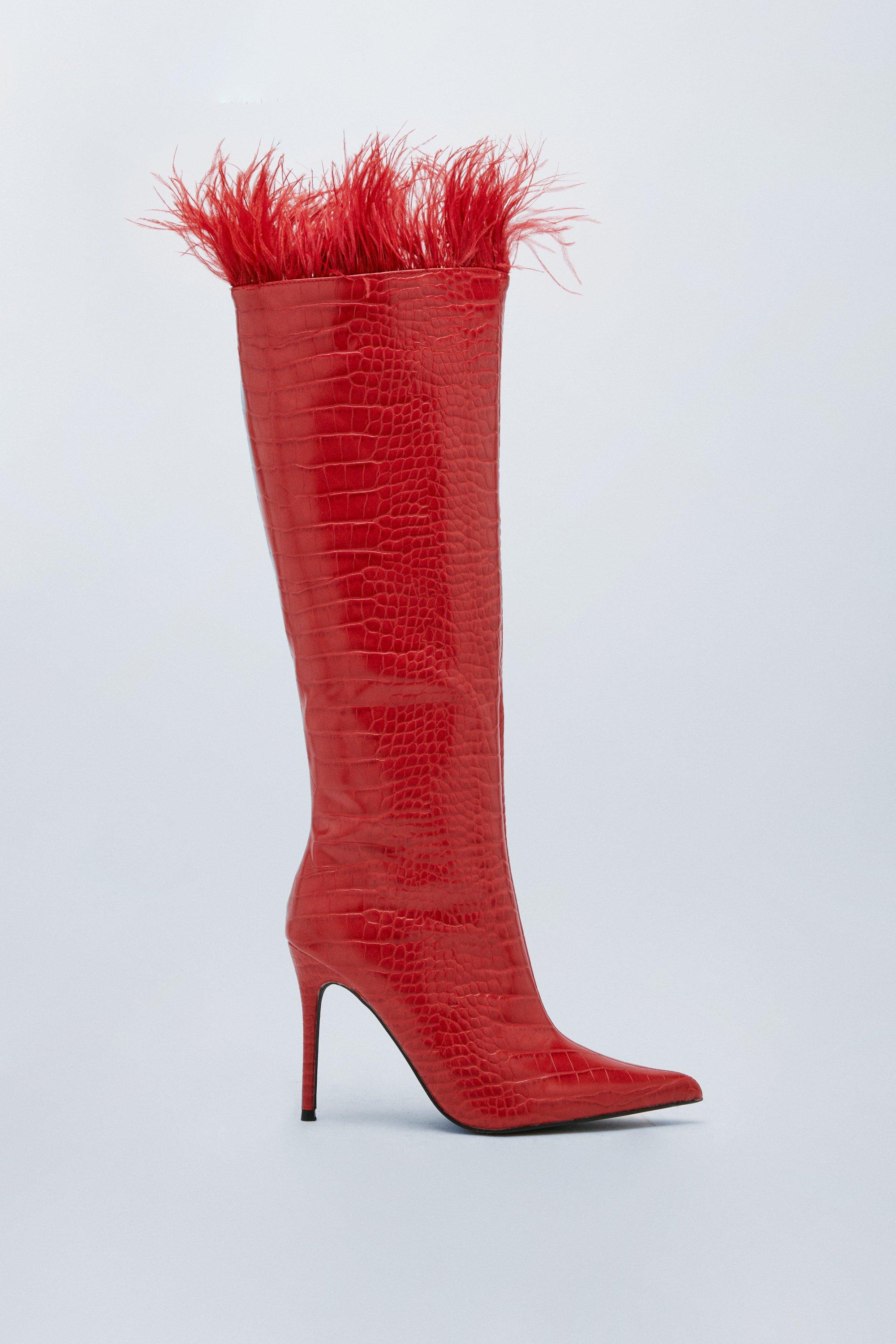 Faux Croc Feather Trim Knee High Boots Nasty Gal