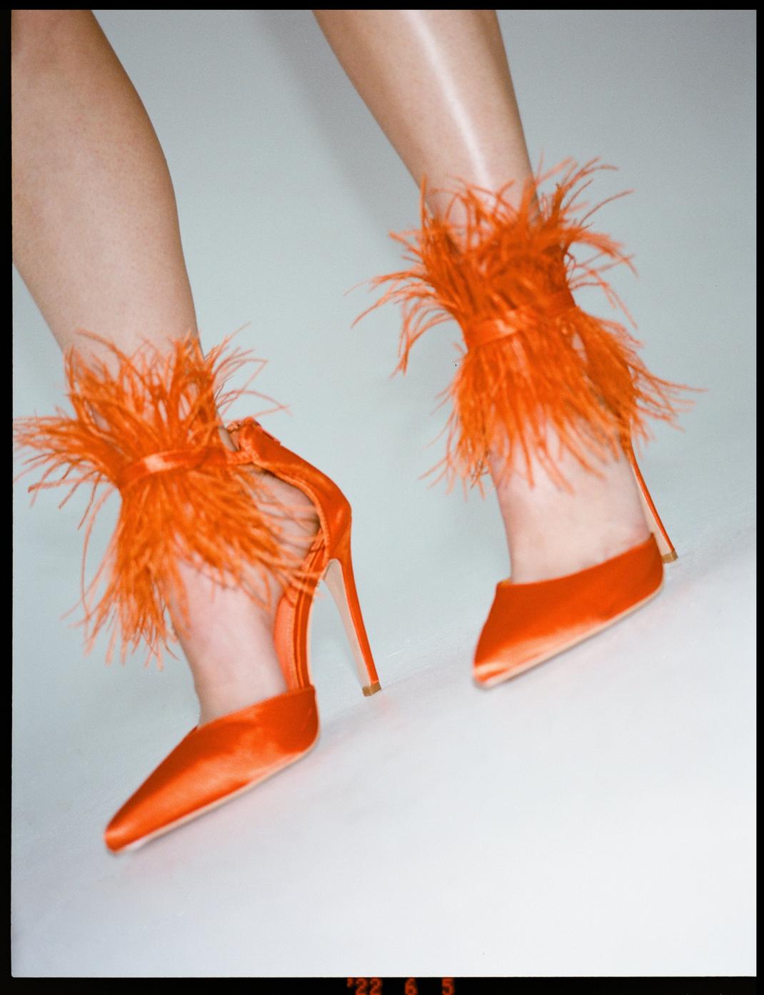 Orange Court Heels With Feather Trims image number 1