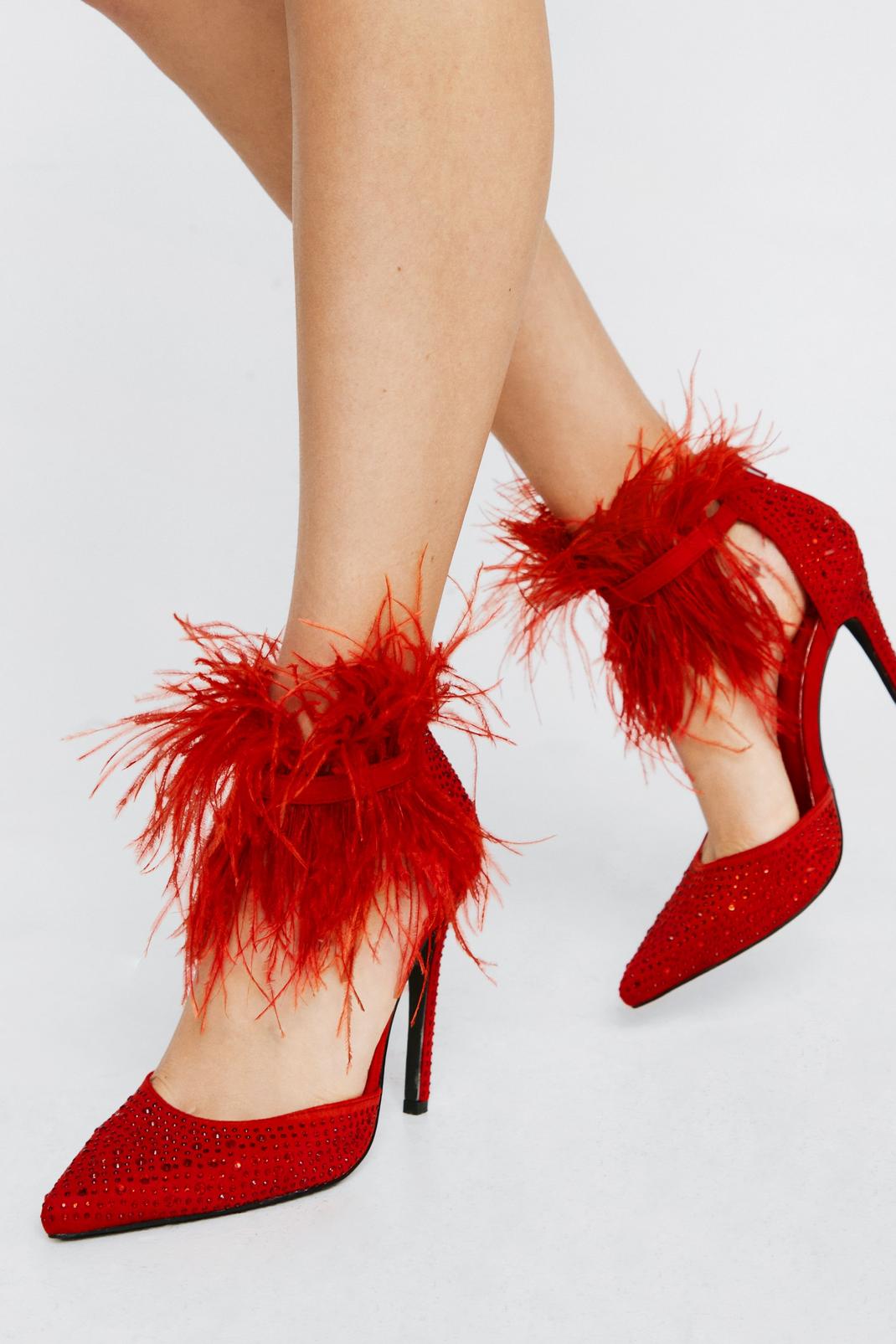 Red Feather Trim Court Heels image number 1