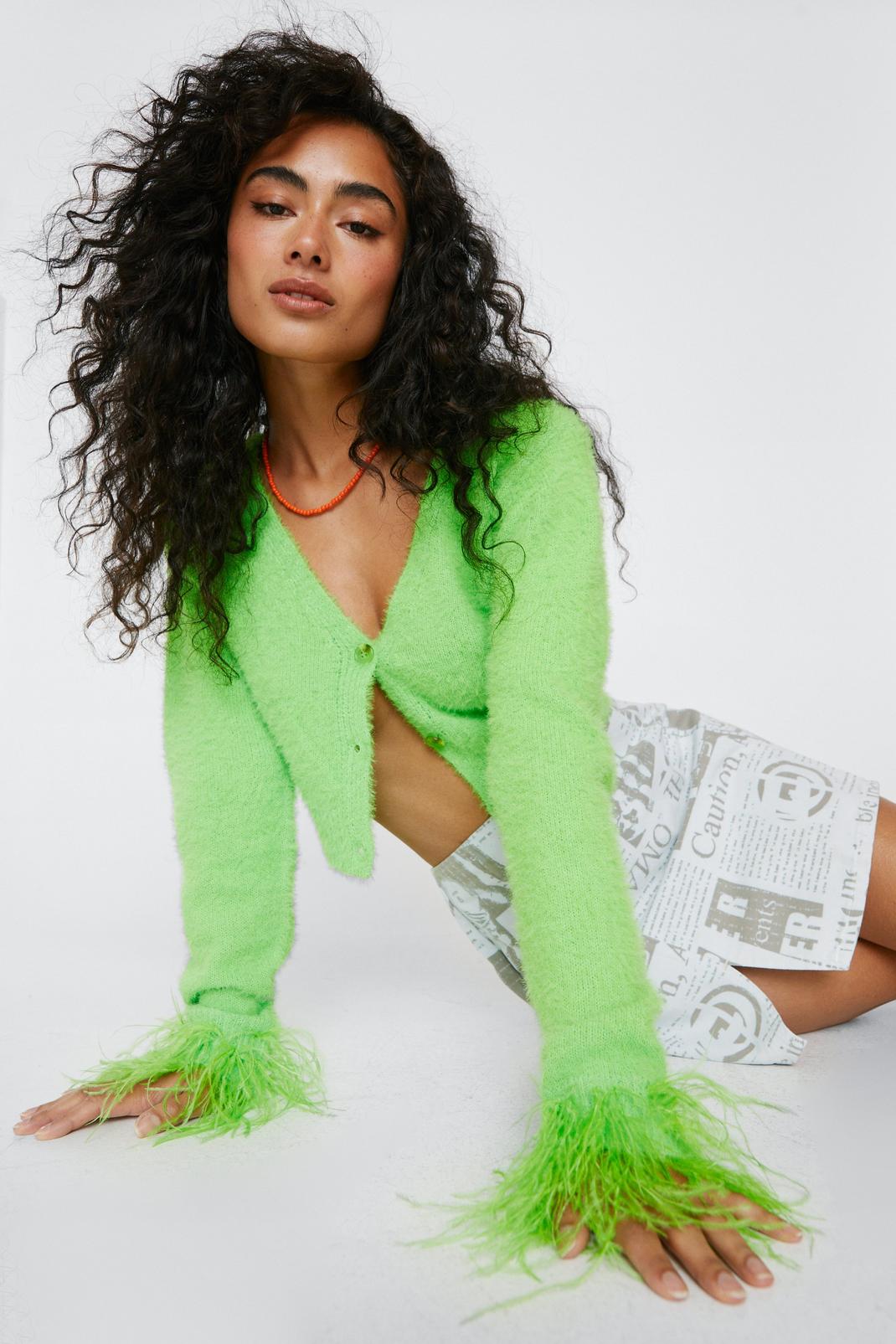 Lime Faux Feather Cuff Fluffy Cardigan image number 1