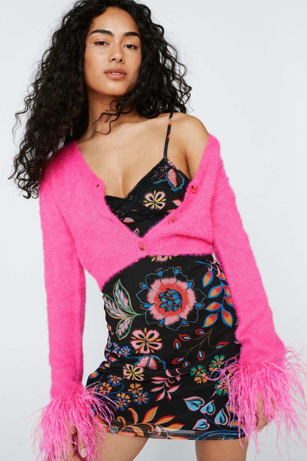 Pink Faux Feather Cuff Fluffy Cardigan image number 1