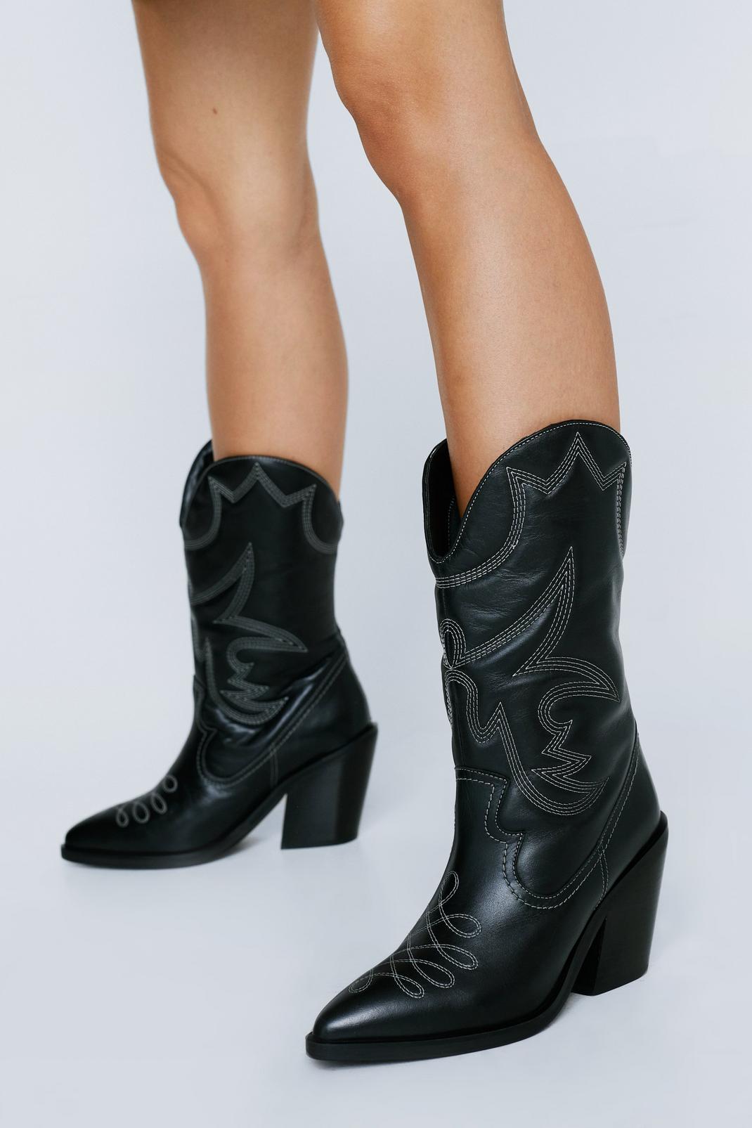 Black Premium Leather Stitch Detail Cowboy Boots image number 1