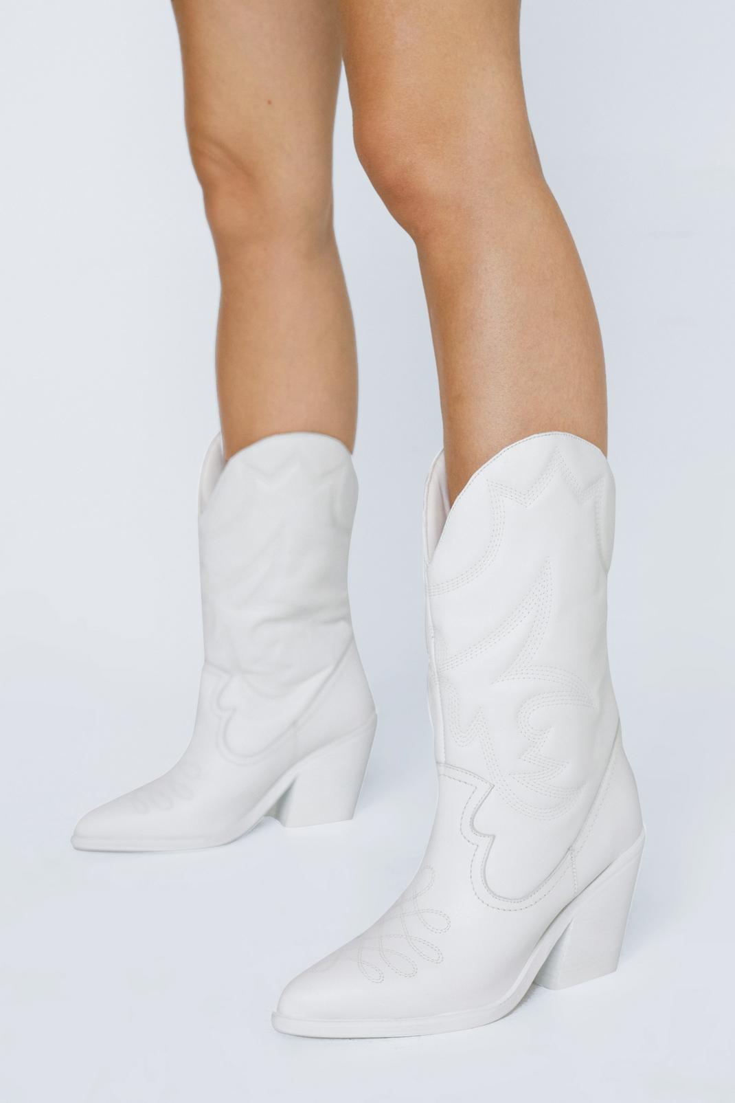 White Premium Leather Stitch Detail Cowboy Boots image number 1
