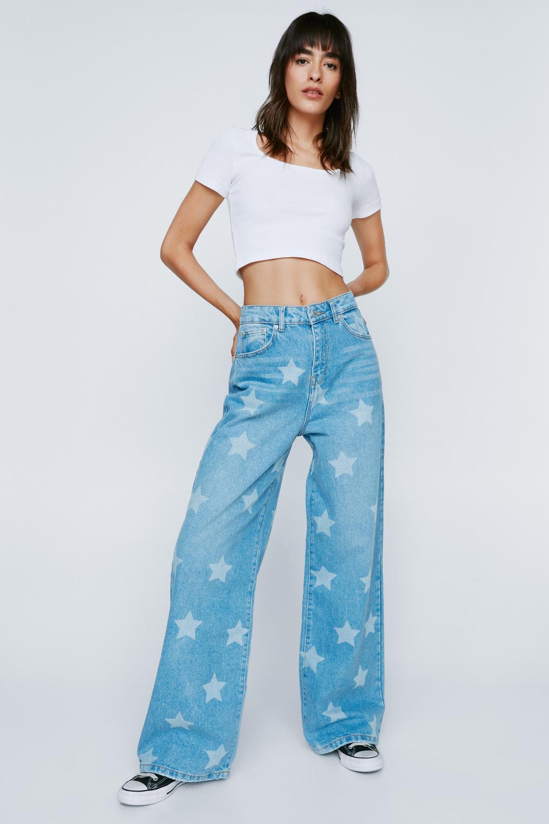 Mid blue Star Print Wide Leg Denim Jeans image number 1