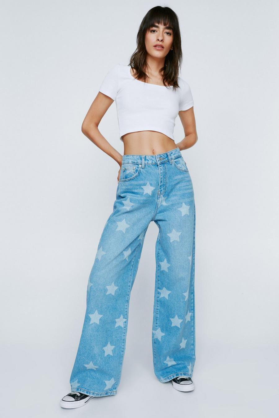 Star Print Wide Leg Denim Jeans