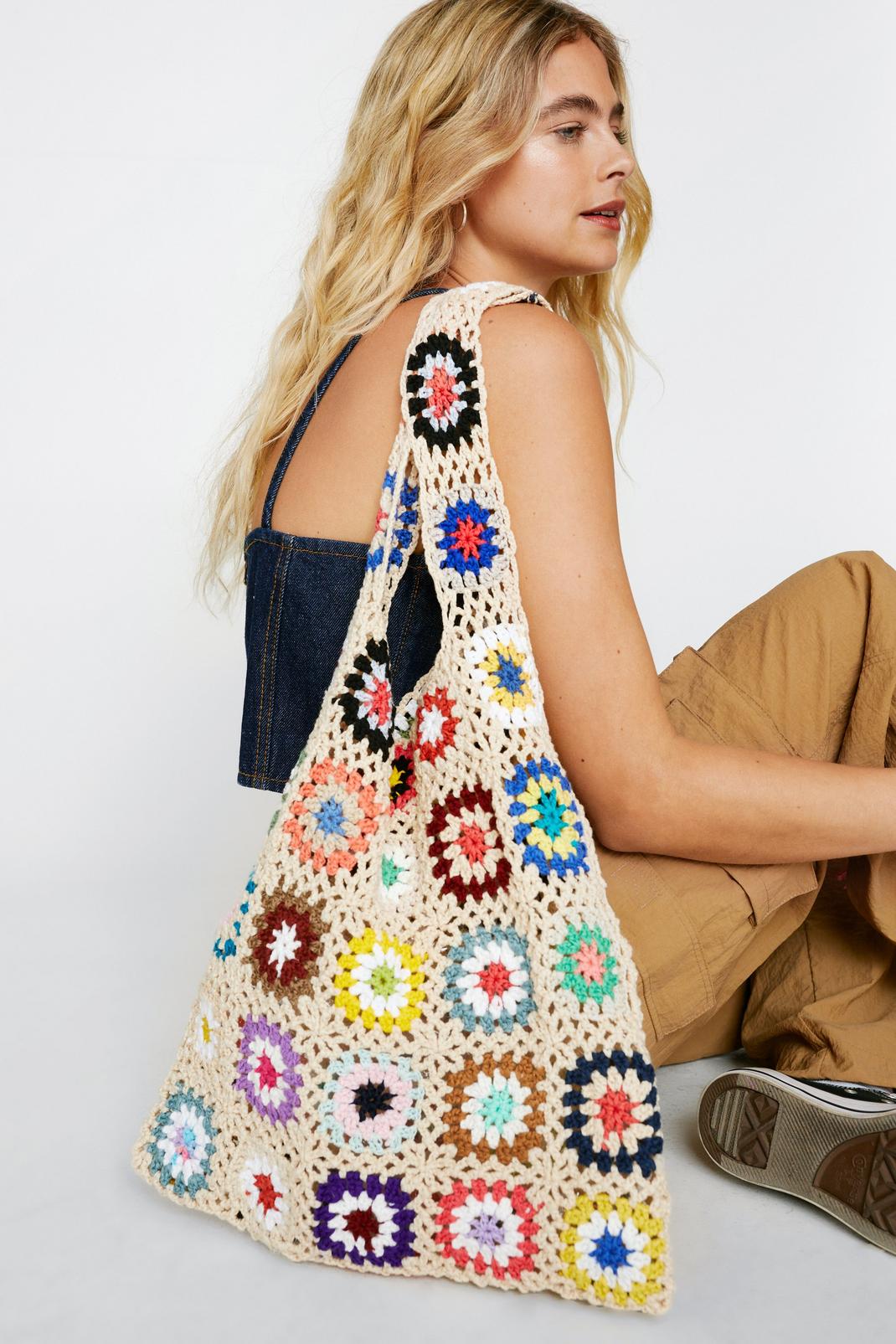 Natural Multi Color Crochet Slouchy Shoulder Bag image number 1