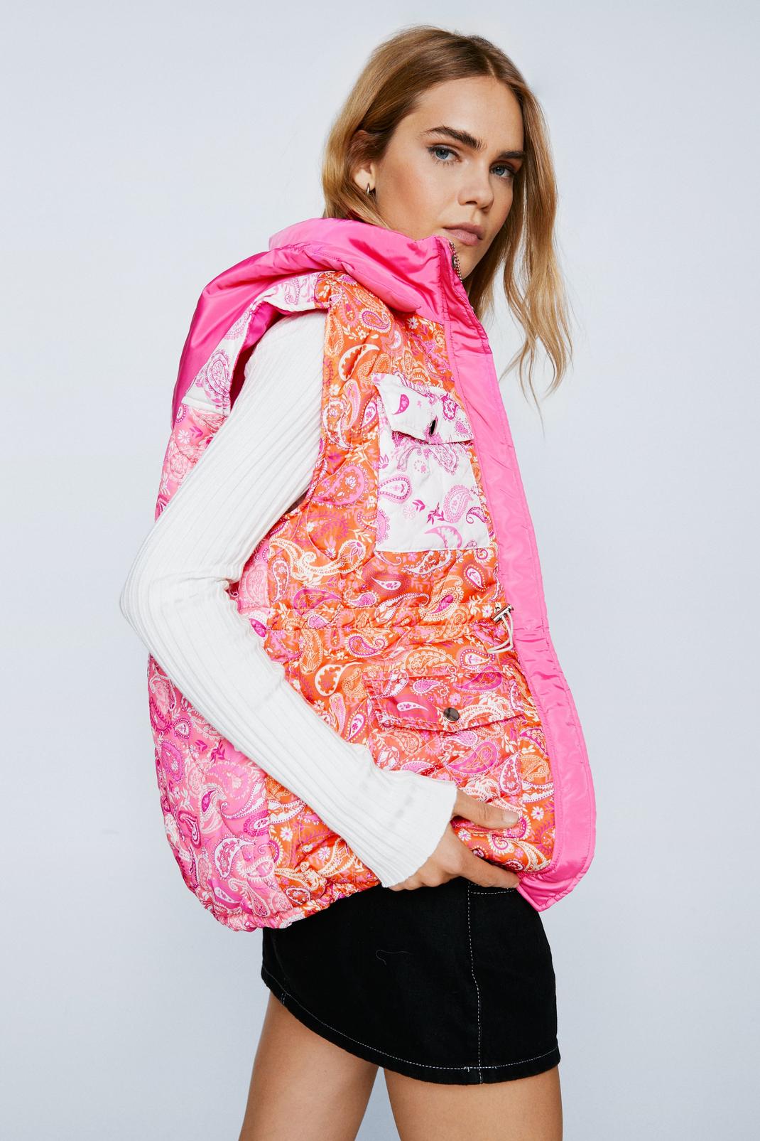 Pink Colour Block Paisley Print Padded Gilet image number 1