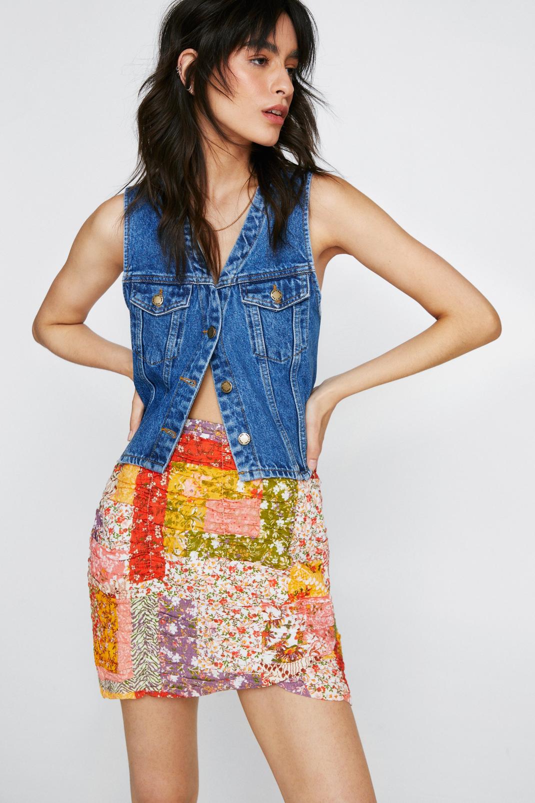 Mini-jupe froncée à imprimé patchwork, Multi image number 1