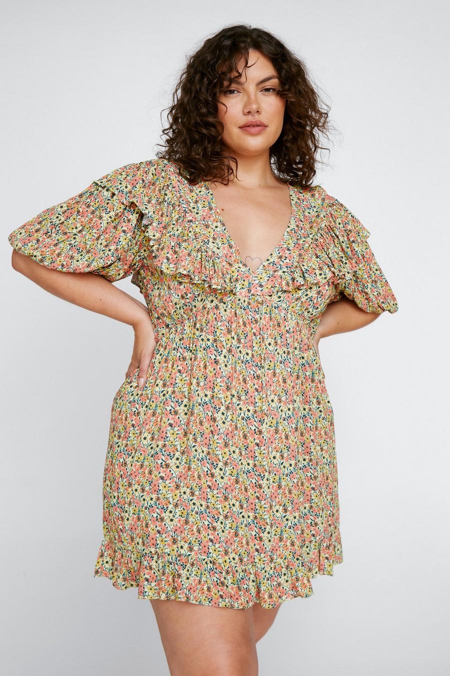Plus Size Floral Print Ruffle Mini Dress
