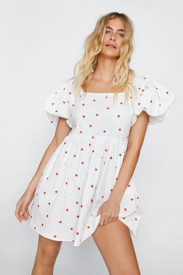 White Strawberry Embroidered Poplin Smock Dress