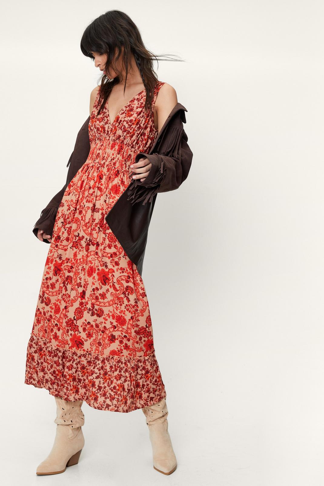 Red Paisley Print Sleeveless Midi Dress image number 1