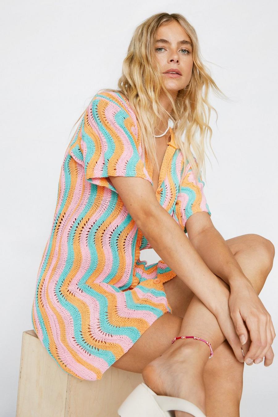 Wave Print Crochet Beach Mini Shirt Dress