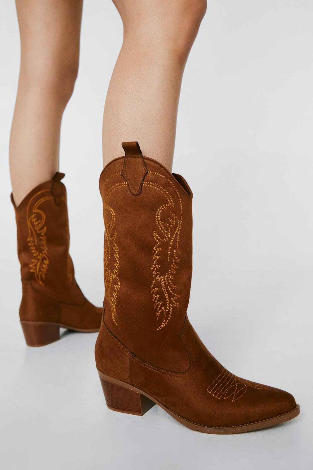 Faux Leather Contrast Embroidery Western Boots, 166 image number 2