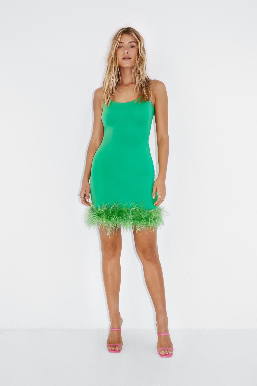 Bright green Slinky Feather Trim Strappy Mini Dress image number 1