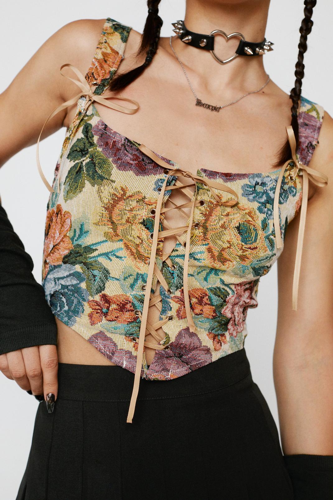 Crop top corset à bretelles et lacets à imprimé floral, Multi image number 1