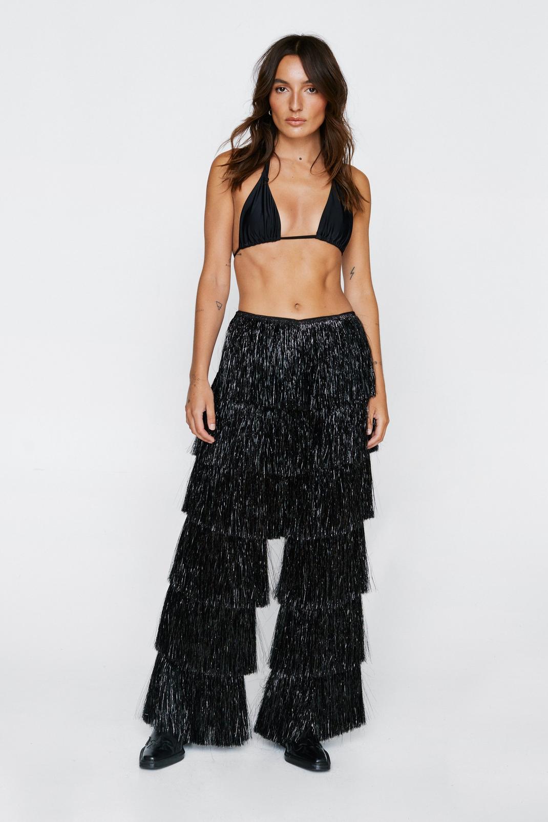 Black Petite Tinsel Fringed Tiered Trousers image number 1