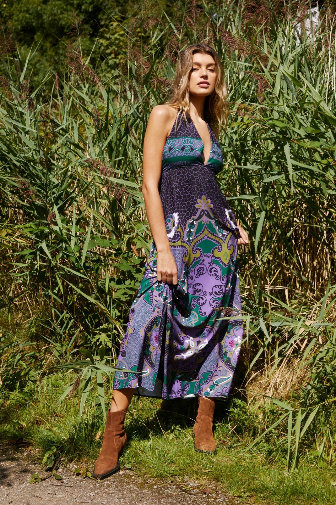 Purple Paisley Print Halter Neck Maxi Dress image number 1