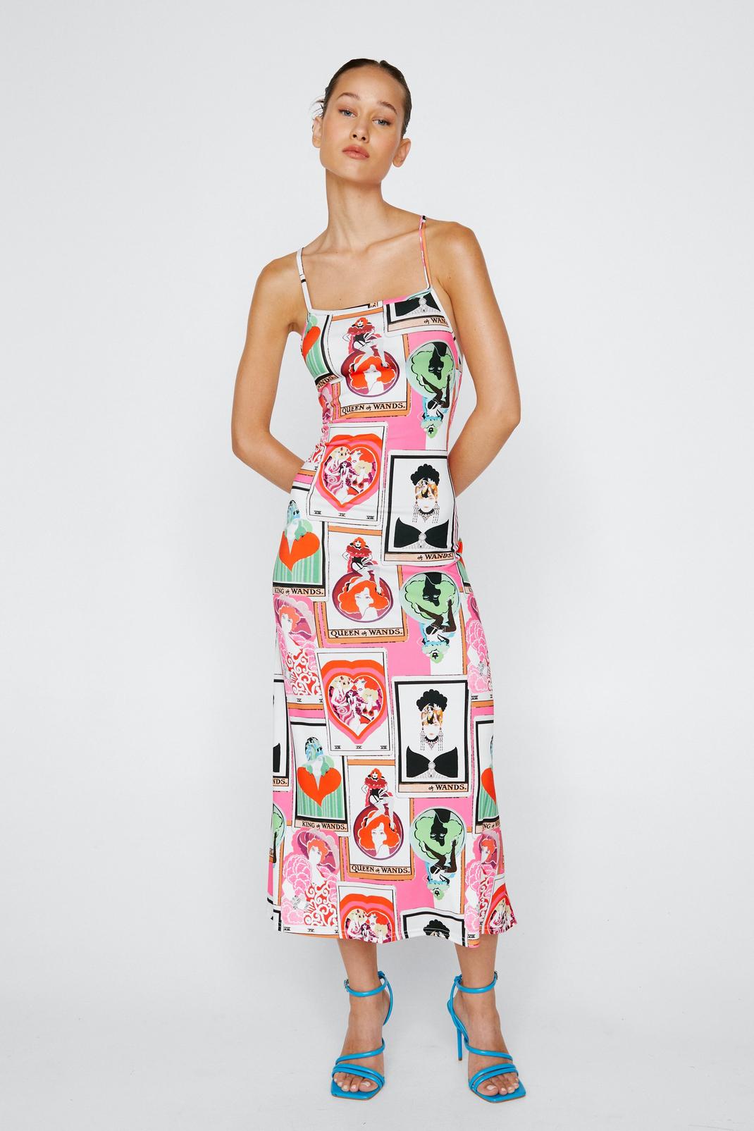 Red Tarot Card Print Crossover Strap Midi Dress image number 1