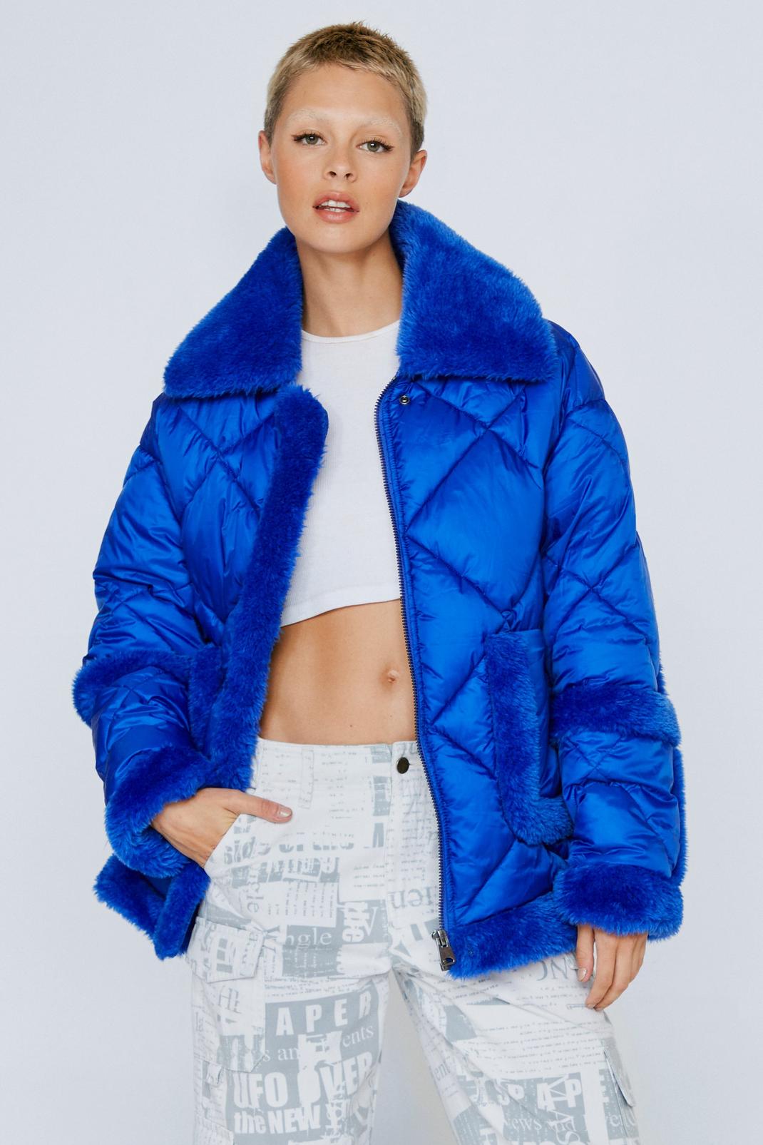 Cobalt Teddy Trim Quilted Puffer Jacket image number 1