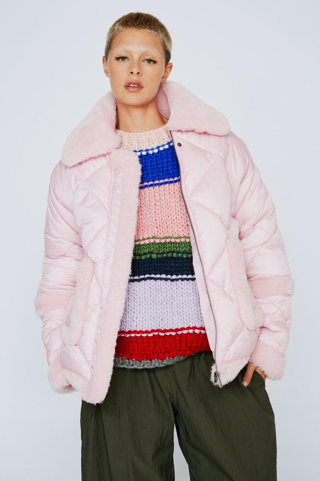 Pink Teddy Trim Quilted Puffer Jacket image number 1