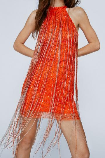 Orange Beaded Fringe Mini Halter Neck Dress