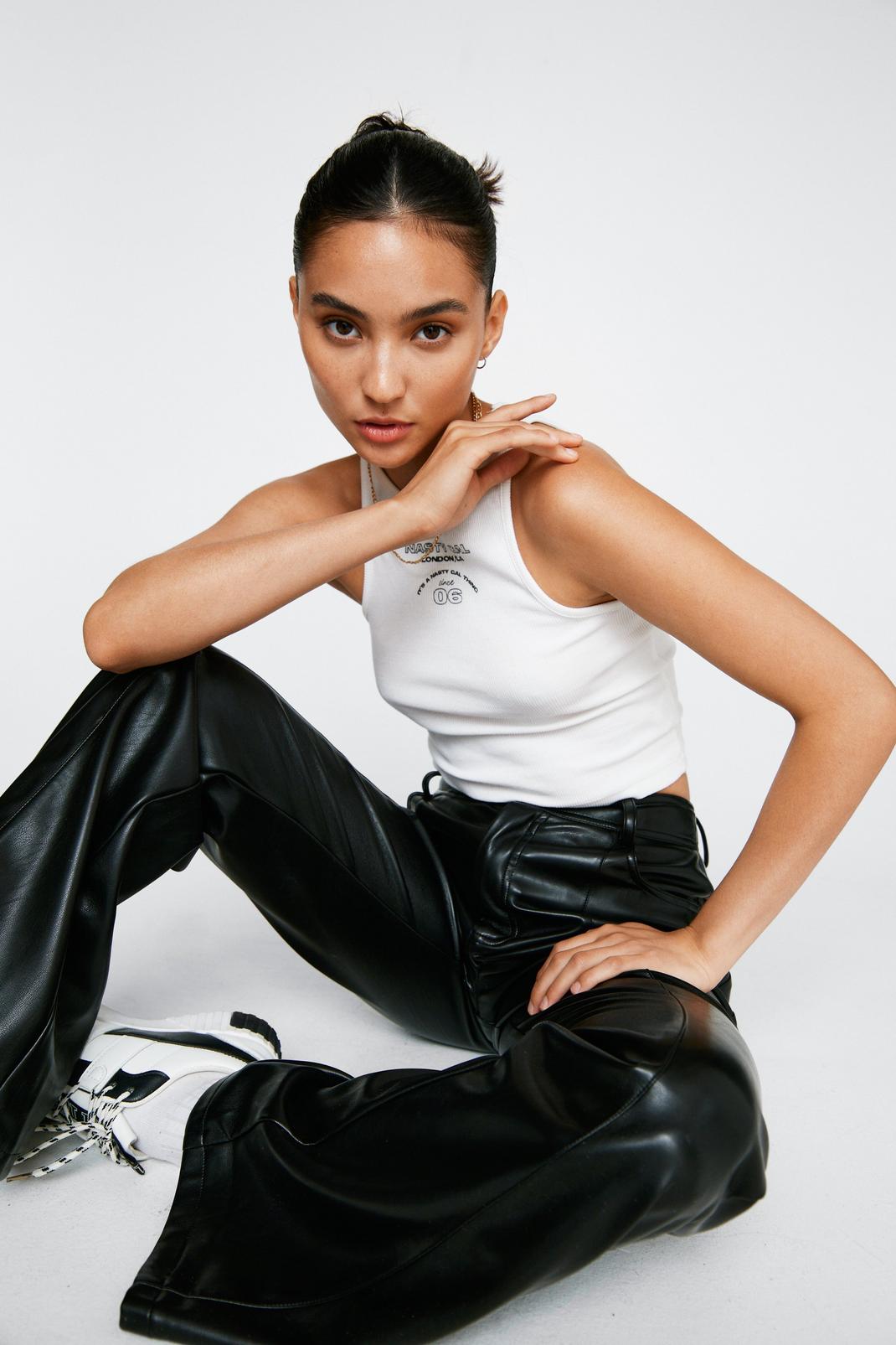 Black Petite Faux Leather Seam Front Flared Trousers image number 1