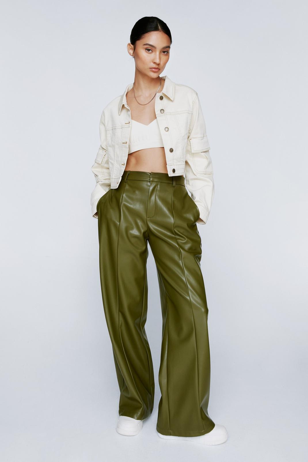 Olive Petite Faux Leather Wide Leg Trousers image number 1