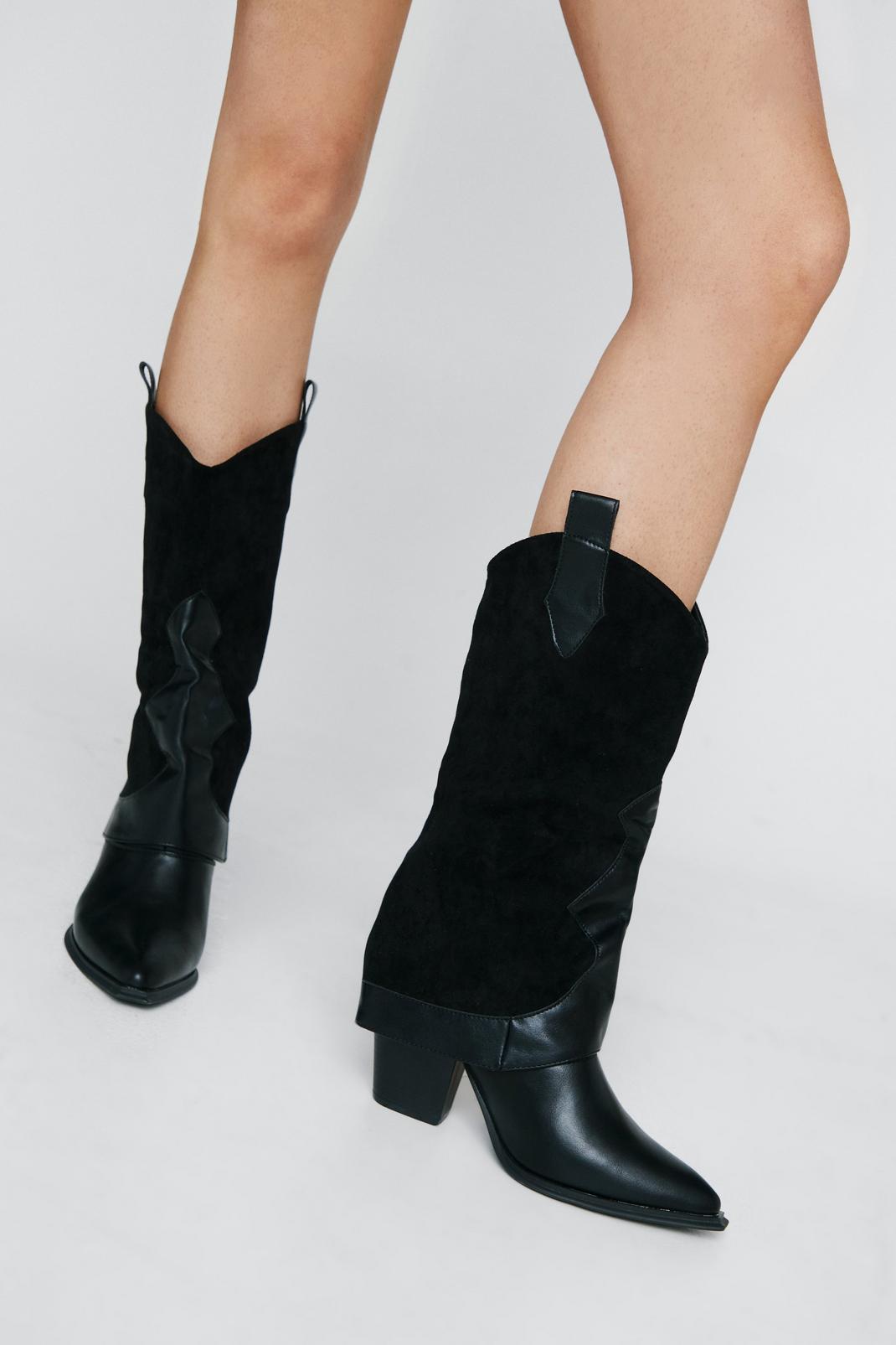 Black Faux Croc & Suede Fold Over Western Boots image number 1