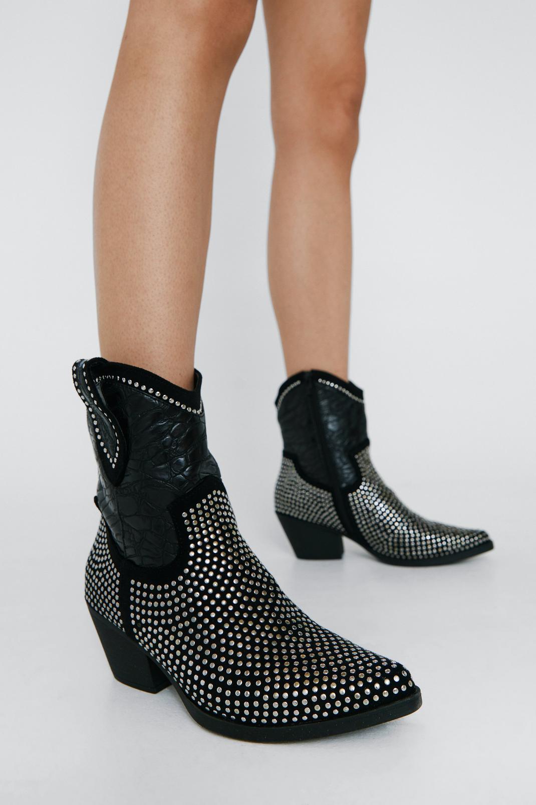 105 Faux Croc Studded Ankle Western Boots image number 2