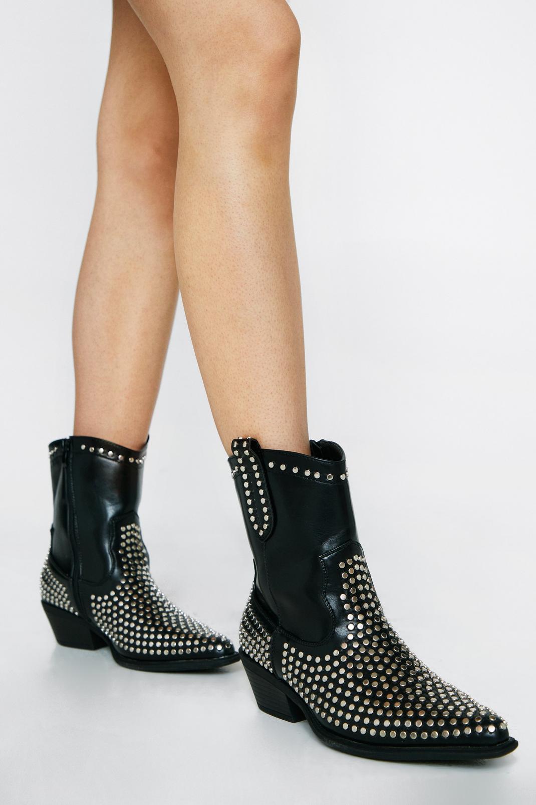 Faux Leather Studded Ankle Cowboy Boots, 105 image number 2