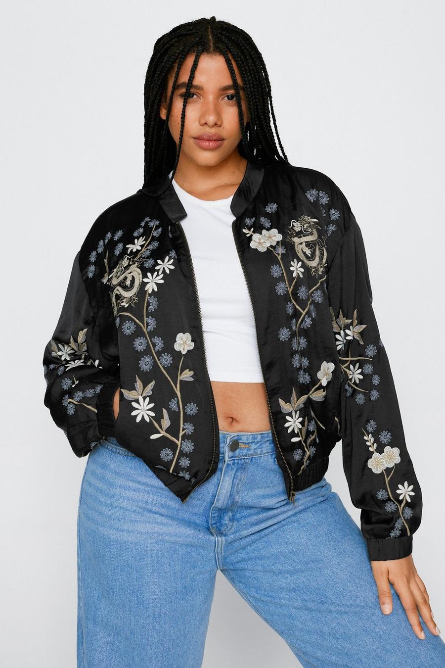 Plus Size Dragon Embroidered Bomber Jacket