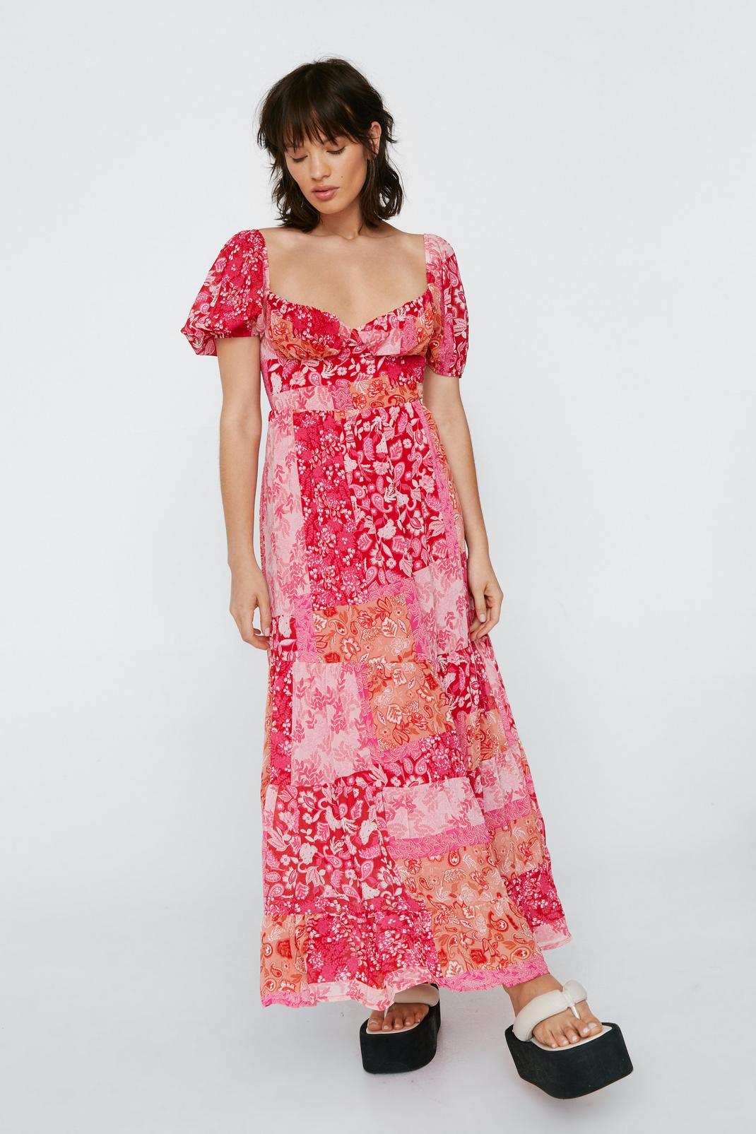 Petite - Robe longue à découpes et à imprimé patchwork, Hot pink image number 1