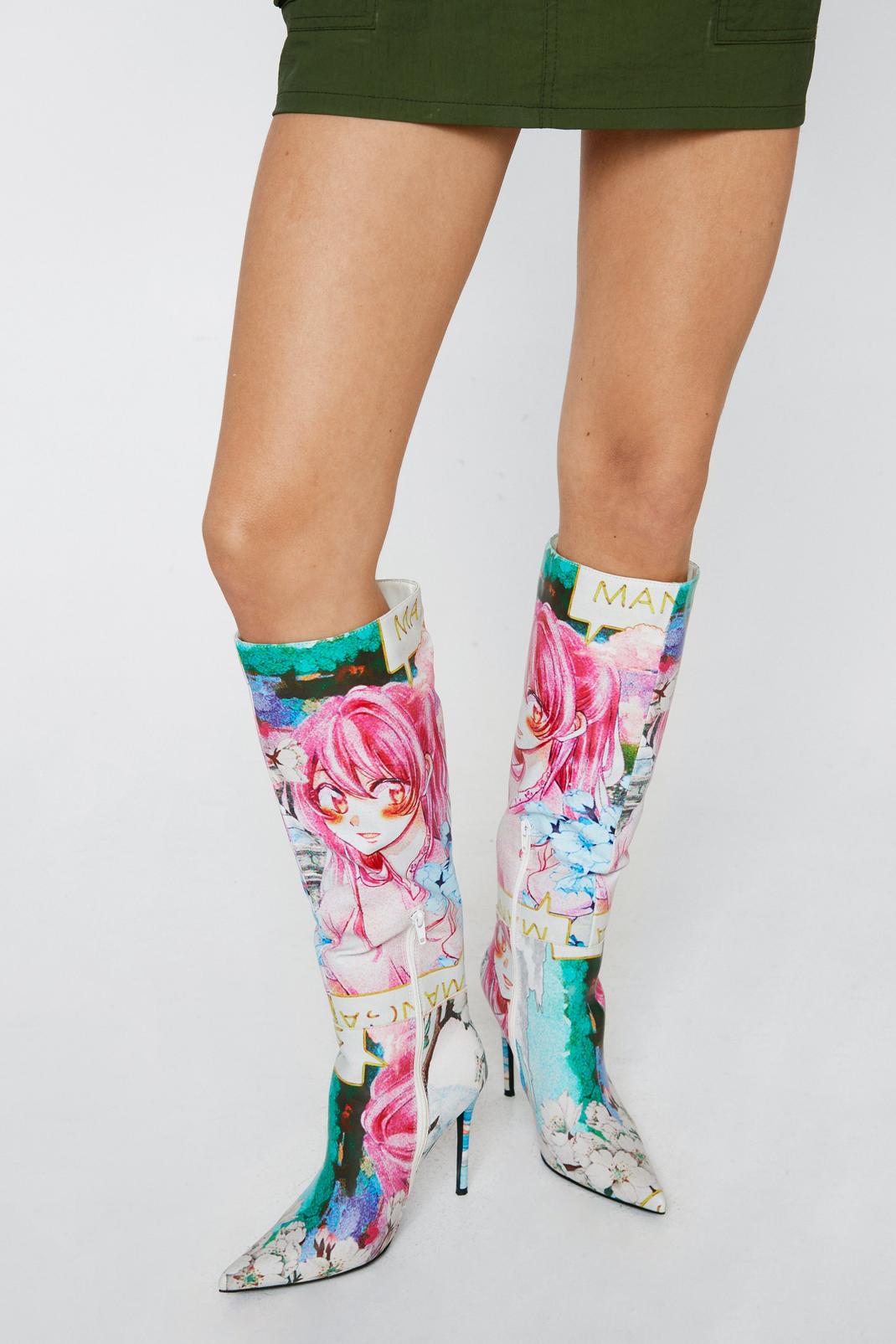 Multi Anime Print Knee High Stiletto Boots image number 1