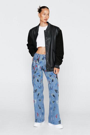Blue Embroidered Wide Leg Baggy Denim Jeans