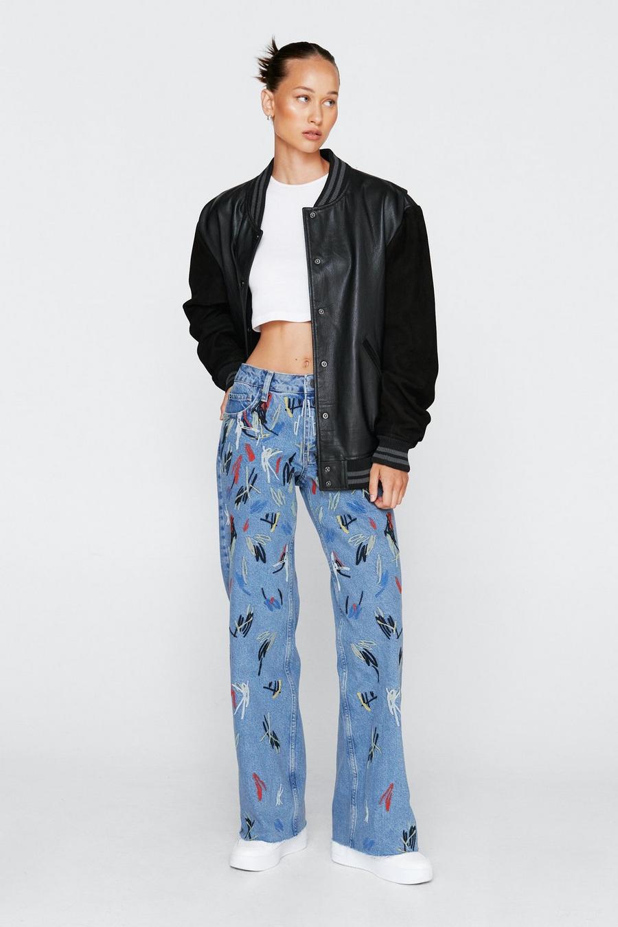 Embroidered Wide Leg Baggy Denim Jeans