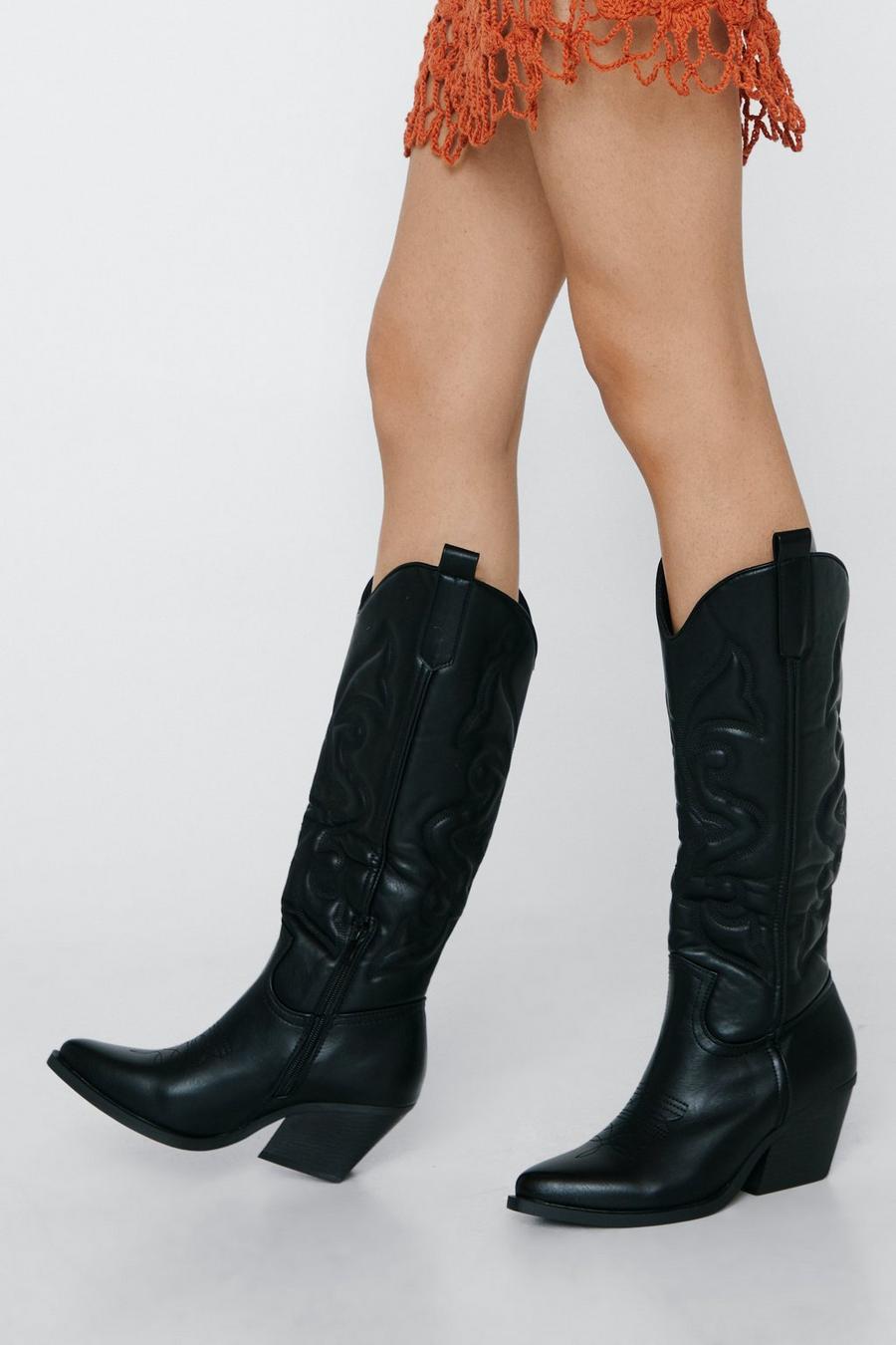 Faux Leather Knee High Cowboy Boots
