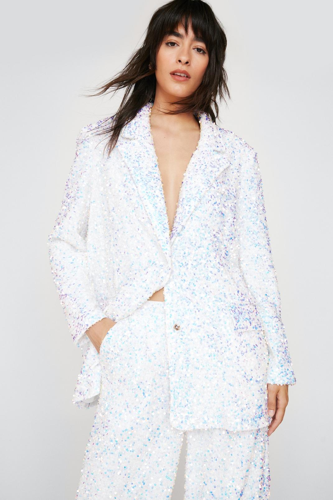 White Premium Sequin Relaxed Fit Blazer image number 1