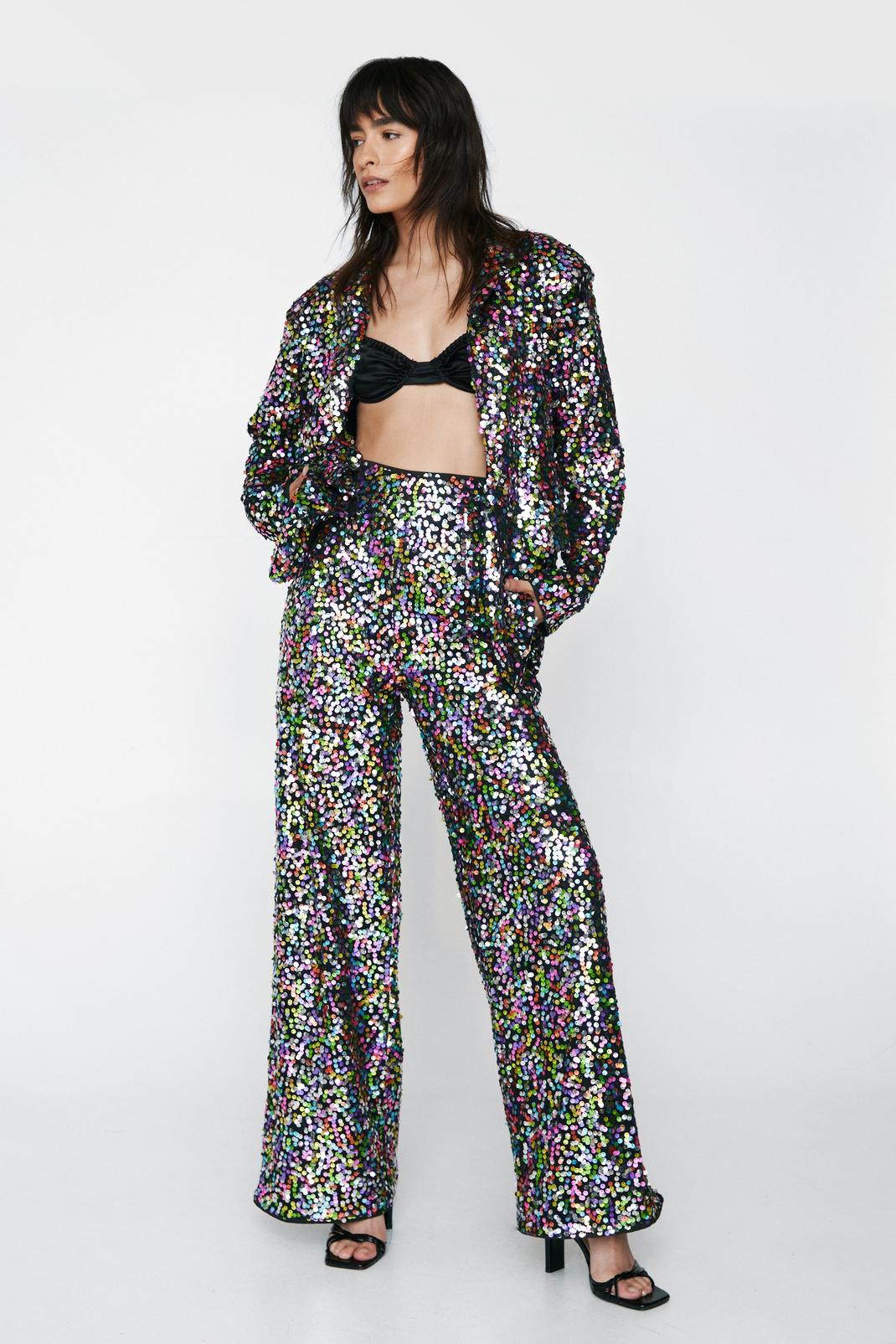 Multi Rainbow Sequin Wide Leg Trousers image number 1