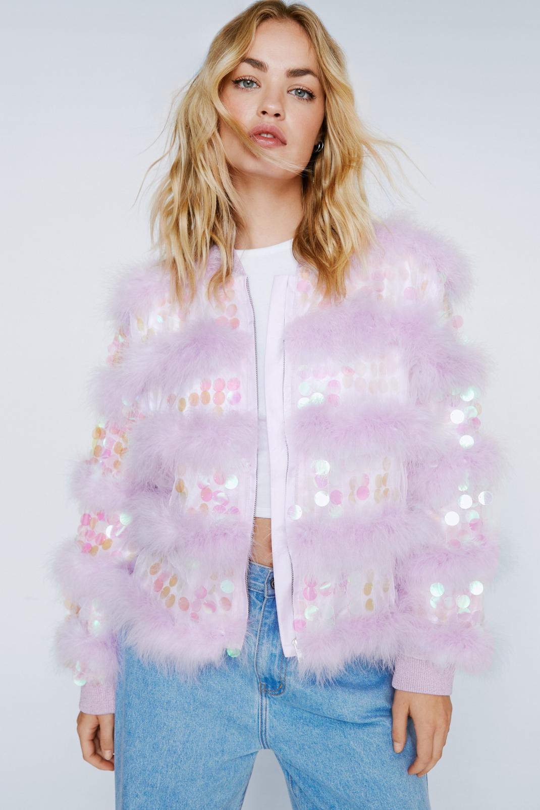 Lilac Real Feather Collar Sequin Jacket image number 1