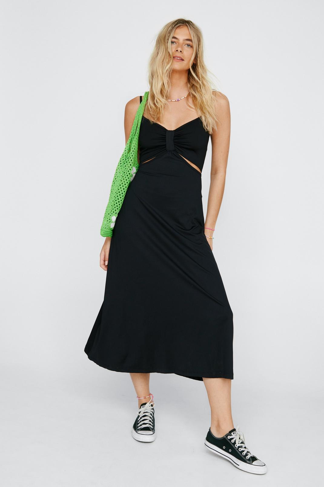 Black Strappy Cut Out Slinky Midi Dress image number 1