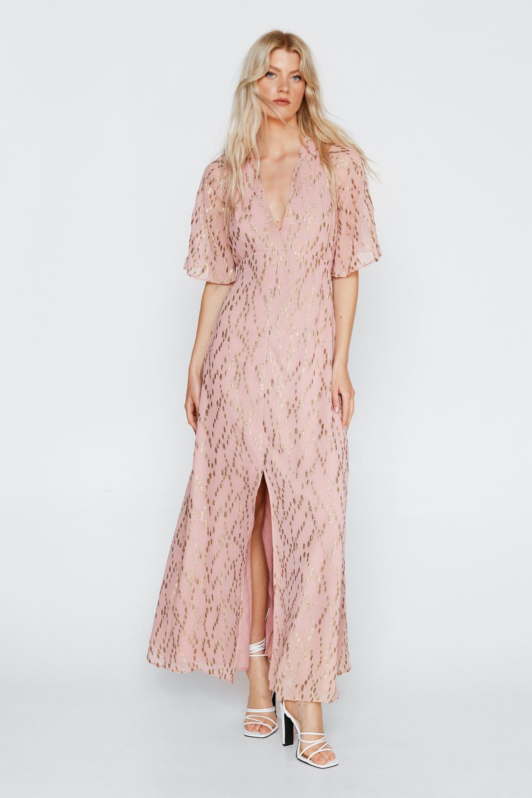 Pink Metallic Spot Angel Sleeve Maxi Dress image number 1