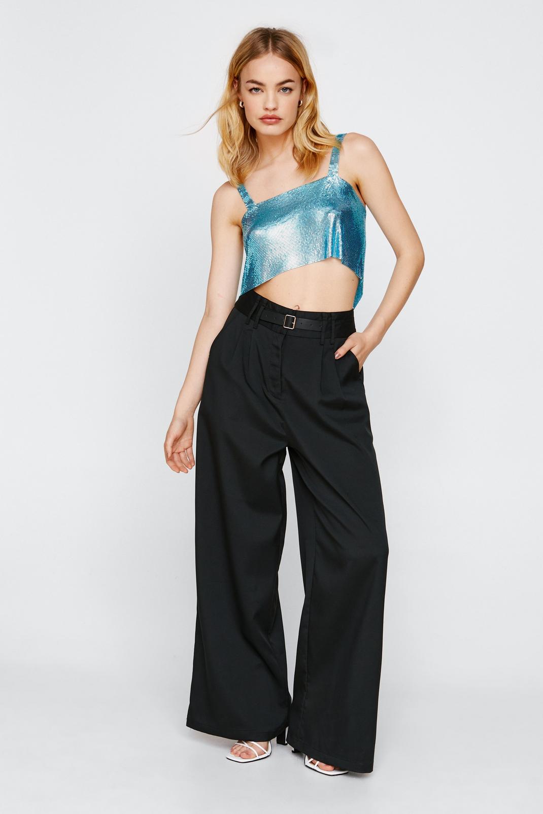 Black Wide Leg Pants With Buckle Detail image number 1