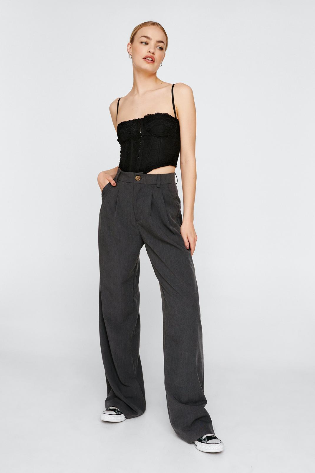 Charcoal Wide Leg Tailored Trousers With Button image number 1