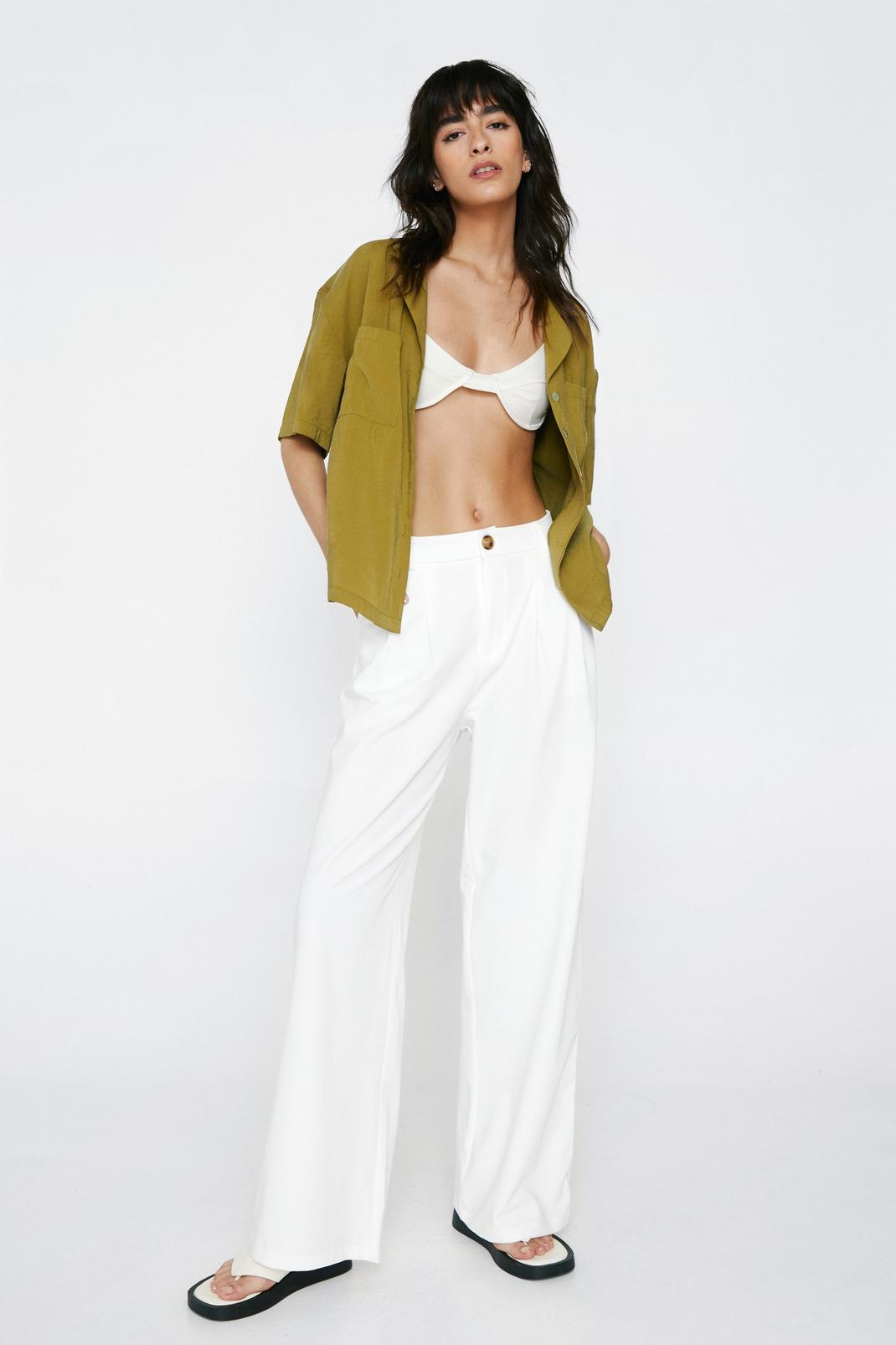 White Wide Leg Tailored Trousers With Button image number 1